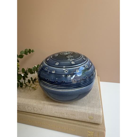 Handmade Studio Pottery Blue Decorative Orb | Modern Boho Shelf Accent | Artisan - Picture 4 of 9